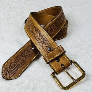 Vintage Kmart Hand Tooled Leather Belt Mens Size Large 38-40 Tan Brown 1.5"W